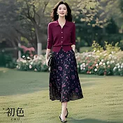 【初色】POLO領單排扣顯瘦針織衫上衣女上衣+碎花印花半身裙長裙套裝-紅衣花裙-11158(M-2XL可選) M 紅衣花裙