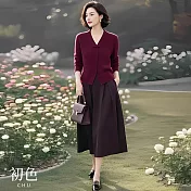 【初色】POLO領單排扣顯瘦針織衫上衣女上衣+碎花印花半身裙長裙套裝-紅衣花裙-11158(M-2XL可選) M 紅衣黑裙
