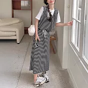【MsMore】 條紋拼接短袖時尚套裝假兩件針織半身長裙2件式# 124657 FREE 條紋色