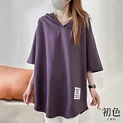 【初色】休閒連帽純色貼標中大碼寬鬆長版五分袖T恤上衣女上衣-共5色-11205(F可選) F 紫色