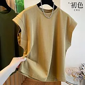 【初色】通勤風寬鬆顯瘦純色圓領短袖飛飛袖T恤上衣女上衣-共6色-11209(M-2XL可選) M 黃綠色