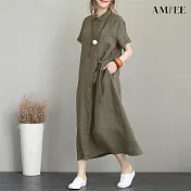 【AMIEE】日式純色棉麻翻領連身裙洋裝(KDDY-8184) M 軍綠