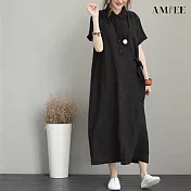【AMIEE】日式純色棉麻翻領連身裙洋裝(KDDY-8184) M 黑色