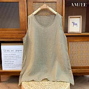 【AMIEE】棉麻寬鬆無袖背心女上衣(KDTY-7323) M 杏色