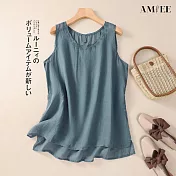 【AMIEE】純色圓領無袖T恤女上衣(KDTY-6191) M 藍色