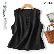 【AMIEE】純色棉麻圓領無袖T恤背心女上衣(KDTY-9066) M 黑色