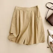 【ACheter】 復古棉麻顯瘦休閒褲五分裙褲簡約高腰褲# 124765 XL 卡其色