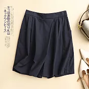 【ACheter】 復古棉麻顯瘦休閒褲五分裙褲簡約高腰褲# 124765 XL 藏青色