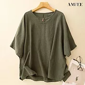 【AMIEE】純色棉麻圓領短袖T恤女上(KDTY-8056) M 軍綠