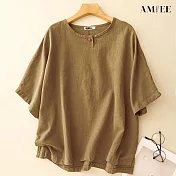 【AMIEE】純色棉麻圓領短袖T恤女上(KDTY-8056) M 舊黃