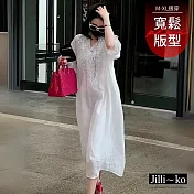 【Jilli~ko】高級感寬鬆V領重工刺繡連衣裙 J12182  FREE 白色