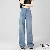 【初色】韓版純色垂感高腰牛仔褲闊腿褲拖地褲直筒褲休閒褲寬褲長褲-共9色-39326(M-2XL可選) M 淺藍色