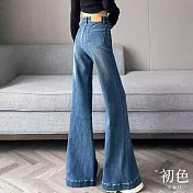 【初色】復古刷色高腰顯瘦收腹遮肉喇叭牛仔長褲寬褲-藍色-11187(M-2XL可選) M 藍色