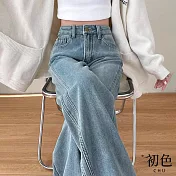 【初色】簡約高腰垂感側縫線顯瘦直筒修身闊腿寬褲牛仔長褲-藍色-11188(M-3XL可選) M 藍色