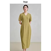 ltyp旅途原品 法國進口100%亞麻花苞連衣裙 文藝V領淡人長裙女 M L XL M 苔癬綠