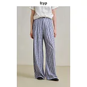 ltyp旅途原品 色織亞麻條紋拖地褲 極簡文藝休閒鬆弛長褲女 M L L 藍白條紋