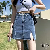 【初色】復古風微彈高腰A字開衩牛仔裙短裙半身裙防走光褲裙-共2色-11194(M-2XL可選) M 藍色