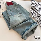 【初色】復古撞色刺繡高腰直筒闊腿休閒牛仔褲寬褲長褲-淺藍色-11198(M-2XL可選) M 淺藍色