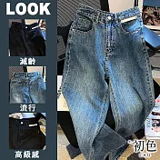 【初色】簡約高腰純色直筒牛仔休閒褲寬褲長褲-共2色-11200(M-2XL可選) M 藍色