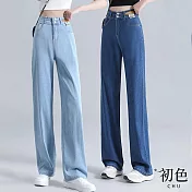 【初色】高腰冰絲牛仔排扣直筒休閒褲寬褲長褲-共2款2色-11185(M-3XL可選) M 深藍常規款