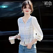 【初色】文藝風拼接流蘇單排扣V領長袖通勤短款雪紡衫上衣女上衣-藍色-11486(M-2XL可選) M 藍色