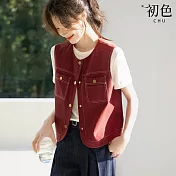 【初色】復古工裝風純色百搭口袋短款無袖馬甲背心外套女外套-紅色-11493(M-2XL可選) M 紅色