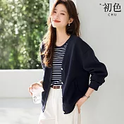【初色】學院風純色V領長袖寬鬆舒適排扣外套女外套-藏青色-11497(M-2XL可選) M 藏青色