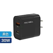 POLYWELL 寶利威爾 30W Type-C PD雙孔 快充 GAN 氮化鎵 充電器 旅充 QC3.0 - 黑色 A052