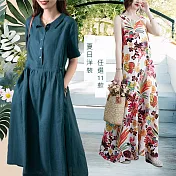 【初色】棉麻風休閒印花寬鬆顯瘦長版連衣裙長洋裝長裙-12款任選-35148(M-2XL/F可選) F A.花色
