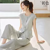 【初色】純色顯瘦單排釦無袖圓領綁帶上衣女上衣+純色口袋休閒褲寬褲長褲套裝-灰綠色-11633(M-2XL可選) M 灰綠色