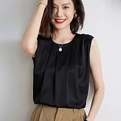 【MsMore】 絲質吊帶背心內搭無袖圓領緞面短版上衣# 124781 M 黑色