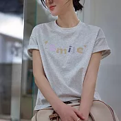 【MsMore】 趣味字母貼布繡淺花灰短款上衣圓領短袖透氣寬鬆棉T恤短版上衣# 124804 M 灰色