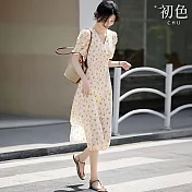 【初色】法式碎花收腰顯瘦後開衩V領短袖連衣裙連身洋裝長洋裝-米白底印花-11484(M-2XL可選) M 米白底印花