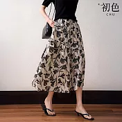 【初色】古典圖案印花滿版口袋鬆緊腰顯瘦A字裙中長裙半身裙-共2色-11465(M-2XL可選) M 杏色