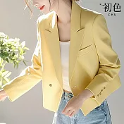 【初色】小香風職場短款純色一粒扣西裝領長袖西裝外套女外套-黃色-11351(M-2XL可選) M 黃色