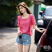 【初色】法式方領荷葉邊短袖格紋襯衫上衣女上衣-玫紅色-11692(M-2XL可選) M 玫紅色