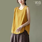 【初色】文藝風亞麻大碼弧形下擺勾線寬鬆純色刺繡圓領無袖背心女背心-共6色-11379(M-2XL可選) M 黃色
