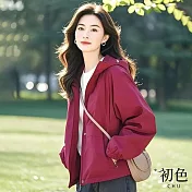 【初色】純色韓版長袖拉鍊寬鬆連帽外套外套女外套-玫紅色-11668(M-2XL可選) M 玫紅色