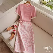 【初色】純色圓領短袖針織衫上衣女上衣+氣質印花修身半身裙套裝-粉色-11711(M-2XL可選) M 粉色