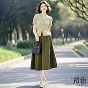 【初色】純色V領短袖盤扣針織衫開衫上衣+寬鬆中腰A字中長半身裙套裝-綠色-11296(F可選) F 綠色