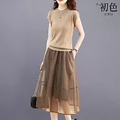 【初色】純色圓領短袖T恤上衣女上衣+薄紗修身顯瘦半身裙套裝-共3款-11719(M-2XL可選) M 駝衣咖裙
