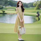 【初色】純色氣質圓領短袖修身中長連衣裙連身洋裝-黃綠色-11707(M-XL可選) M 黃綠色