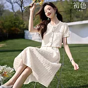 【初色】時髦肌理感花邊圓領短袖泡泡袖襯衫上衣女上衣+純色A字半身裙中長裙套裝-米白色-11689(M-2XL可選) M 米白色