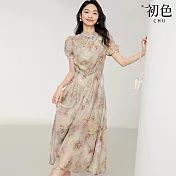【初色】睡蓮印花盤扣立領短袖修身輕薄改良式旗袍連身洋裝-花色-11672(M-2XL可選) M 花色