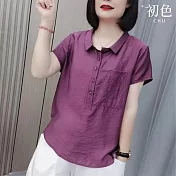 【初色】通勤風簡約純色冰絲皺感短袖翻領襯衫上衣女上衣-共4色-11395(XL-4XL可選) XL 紫紅色