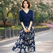 【初色】純色V領長袖開衫針織衫上衣女上衣+滿版印花中長裙半身裙套裝-藍衣花裙-11670(F可選) F 藍衣花裙