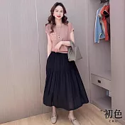 【初色】圓領短袖T恤上衣女上衣+純色修身時尚半身裙套裝-粉衣黑裙-11715(M-2XL可選) M 粉衣黑裙