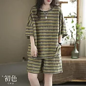 【初色】休閒風拼色條紋落肩袖寬鬆短袖T恤上衣女上衣+條紋寬褲短褲套裝-共2色-11415(L-4XL可選) L 綠色條紋