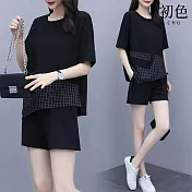 【初色】圓領短袖拼接T恤上衣女上衣+鬆緊腰純色休閒褲寬褲短褲套裝-黑色-11419(M-3XL可選) M 黑色