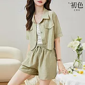 【初色】條紋吊帶上衣女上衣+純色襯衫外套女外套+鬆緊腰休閒褲寬褲短褲套裝-淺綠色-11708(M-XL可選) M 淺綠色